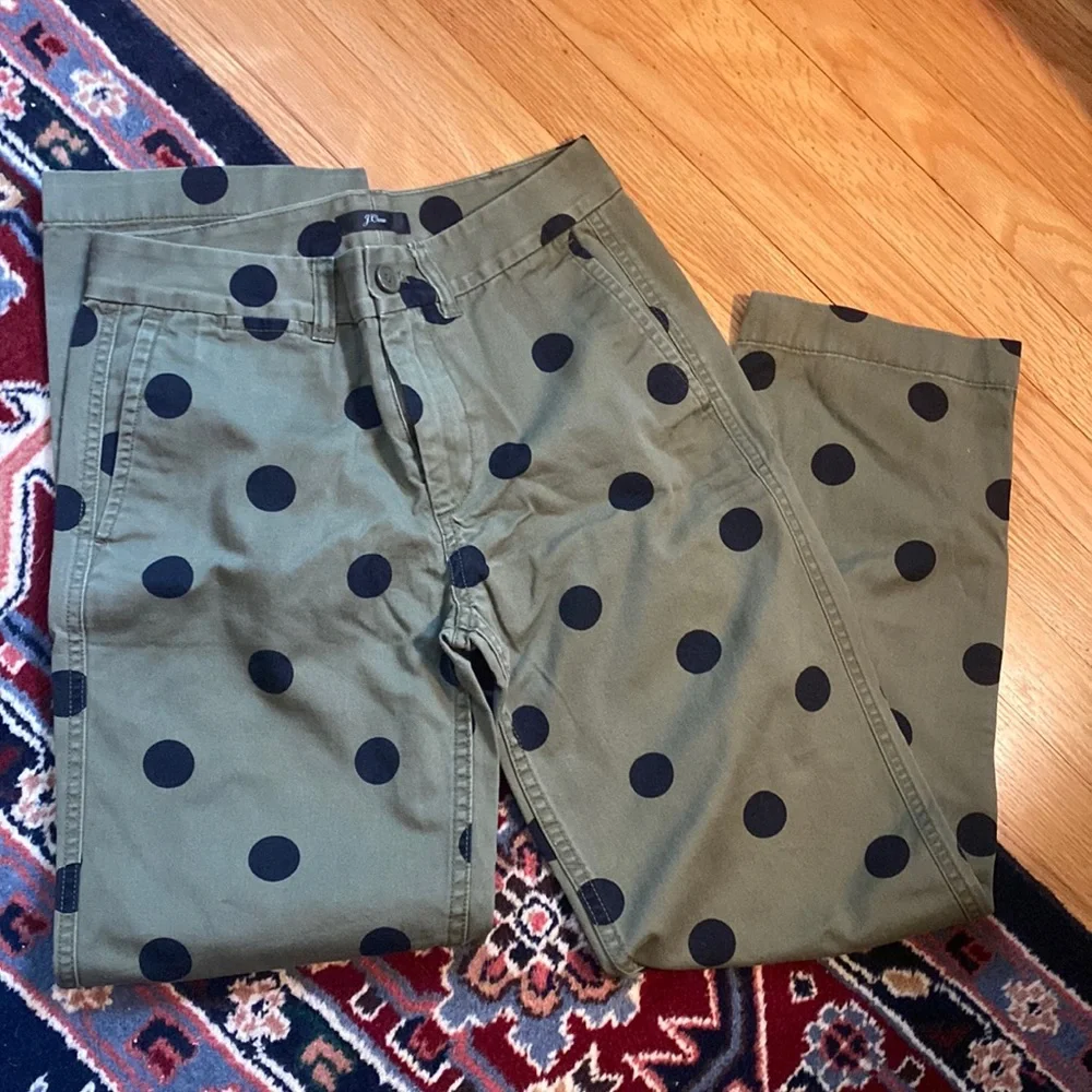 J. Crew Olive Green Wide-Leg Pants with Black Polka Dots